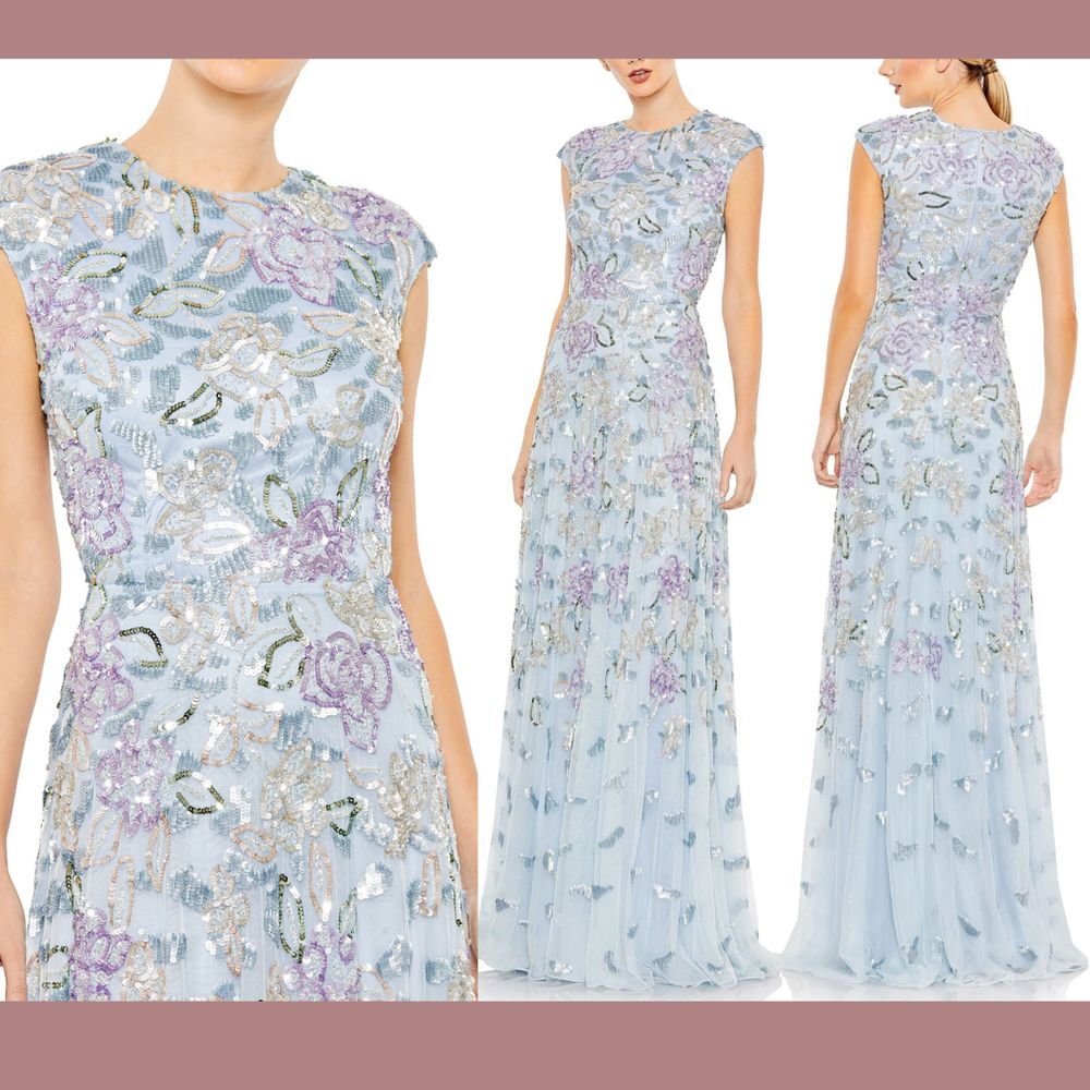 NWT $698 Mac Duggal [ 10 ]‎ Sequined High Neck Cap Sleeve A Line Gown Blue #J30